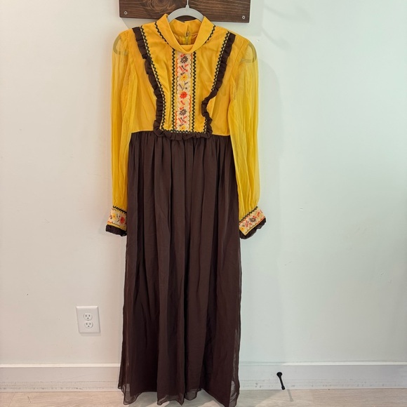 Vintage Dresses & Skirts - Vintage Late 1960s Early 1970s Embroidered Bohemian Prairie Dress‎ Brown Mustard